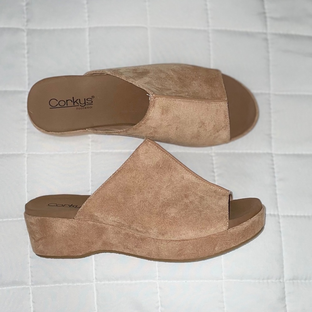 Corkys Blush Pink Suede Wedge Slide Sandals - Picture 2 of 4